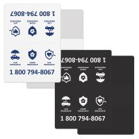 Econo Vinyl Wallet business card holder, White or Black vinyl, open size (3.875" x 5.375") closed size (3.875" x 2.625"). Screen-printed in 1 spot colour, on front only