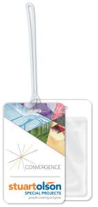 Extra Thick Plastic Tag with clear pocket on back & 9" clear loop attached. Stock rectangle (2.75" x 4.5") round corners .080 white styrene. InkJet printed in high resolution full colour on front