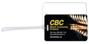 Extra Thick Plastic Tag .080 white styrene with 9" clear loop attached. Stock rectangle (2.75" x 4.5") with round corners. InkJet printed in high resolution full colour on front, any bleed edge allowed