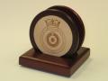 2 Solid Cherry Wood Round Coasters & Wood Stand w/Leather Inserts