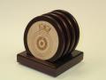 4 Solid Cherry Wood Round Coasters & Wood Stand w/Leather Inserts