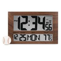 Commercial Grade Jumbo Atomic Wall Clock with 6 Time Zones - Indoor Temperature & Date - Wood