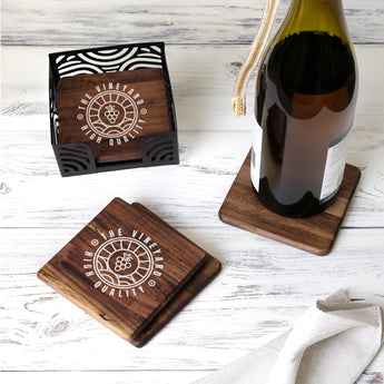 4 Pc. Acacia Wood Square Coaster Set with Black Metal Stand grouped