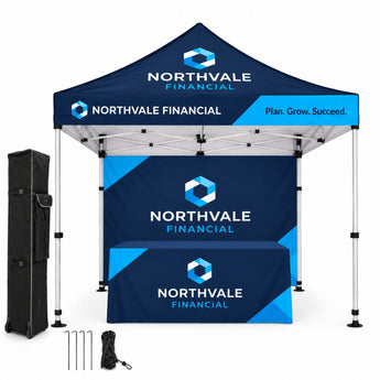 Deluxe Event Package, 10' Sublimated Tent kit, Single sided backwall, and 6' Box Fit Tablecloth grouped
