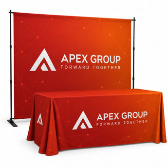 48Hr Quick Ship- Tradeshow Booth Package, 10' Expanding Display and 8' Sublimated PREMIUM Tablecloth grouped