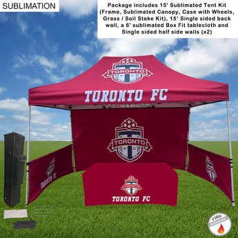 Supreme Event Package, 15' Sublimated Tent, 15' Backwall, 2 Half sidewalls, and 6' BoxFit Tablecloth grouped