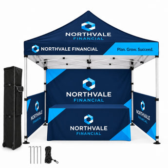 Supreme Event Package, 10' Sublimated Tent, Backwall, 2 Half sidewalls, and 6' Box Fit Tablecloth grouped