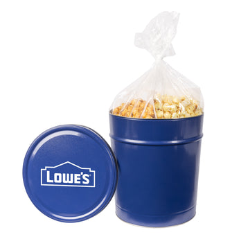 BLUE Three and a Half Gallon Popcorn Tin - Trio Popcorn grouped