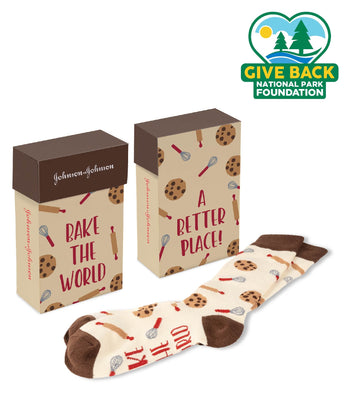 Multicolor ACE Baking Themed Socks in Custom Flip Top Box grouped