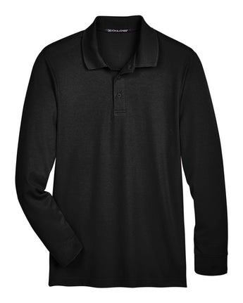 Front View of Black Men's CrownLux Performance® Tall Plaited Long Sleeve Polo - DG20LT