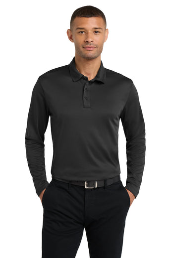 Front View of Black Port Authority Silk Touch Performance Long Sleeve Polo. K540LS plain