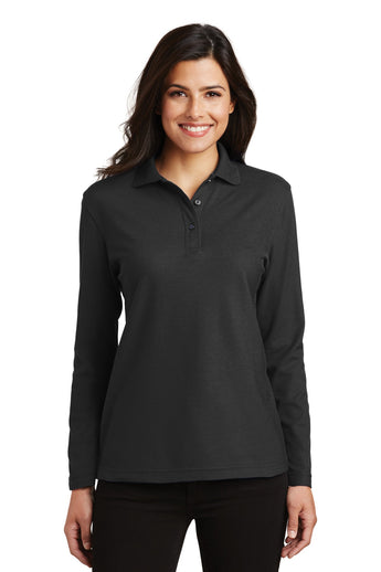 Front View of Black Port Authority Women's Silk Touch Long Sleeve Polo. L500LS plain