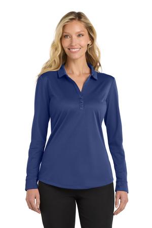 Front View of Black Port Authority Women's Silk Touch Performance Long Sleeve Polo. L540LS plain