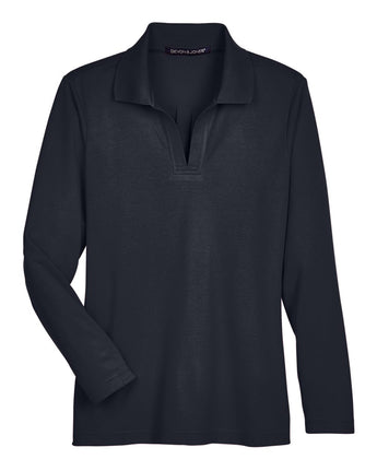 Front View of Black Women's CrownLux Performance® Plaited Long Sleeve Polo - DG20LW