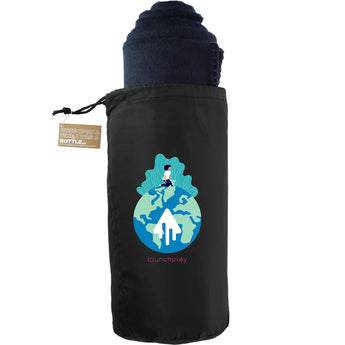 Front View of Blue 100% Recycled PET Fleece Blanket with RPET Pouch