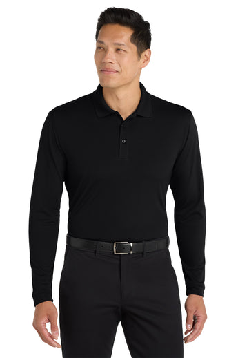 Front View of Deep Black Port Authority Dry Zone UV Micro-Mesh Long Sleeve Polo K110LS plain