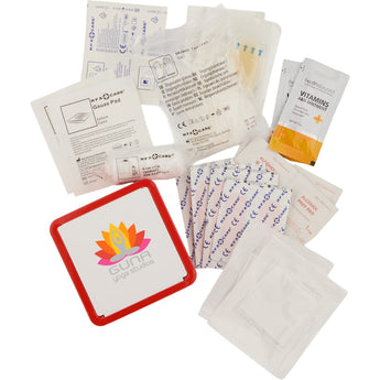 Front View of Red 30-Piece First Aid Kit with Tin Case