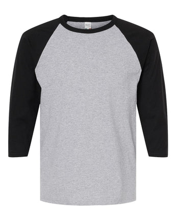 Front View of Sport Grey/ Black Raglan Three-Quarter Sleeve Baseball T-Shirt - 5540