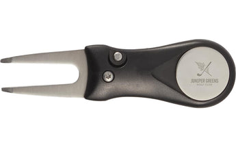 Front View of Black Recycled Retractable Divot Tool w/ Ball Marker