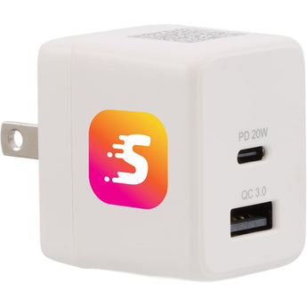 Front View of White ETL Listed 20W Dual USB-A and C Wall Charger
